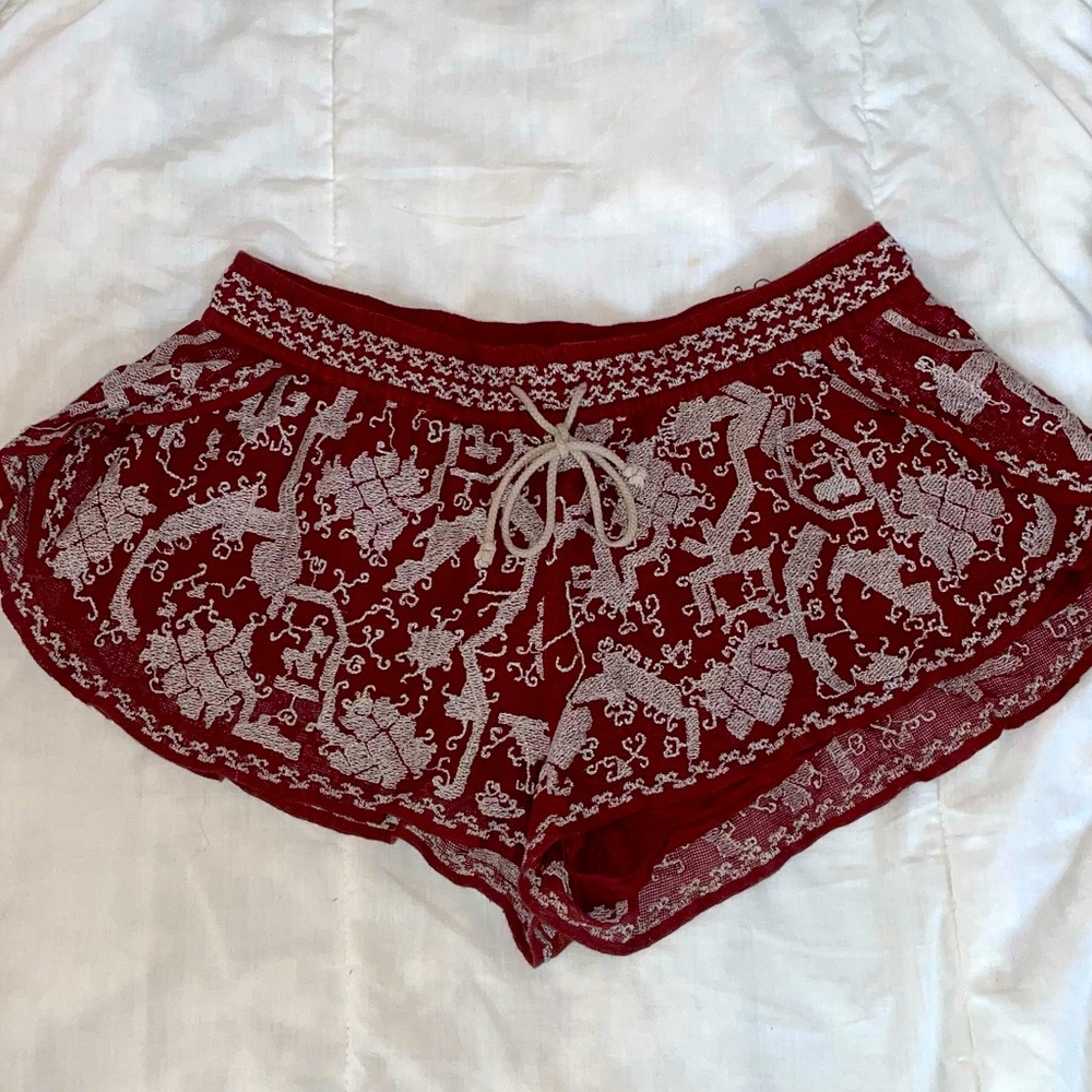 Ecote UO Maroon and White Embroidered Lounge Shorts